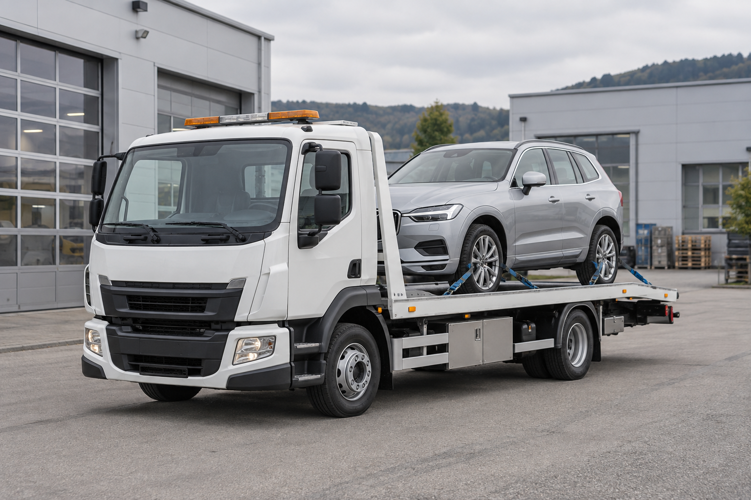 Photo d’illustration : dépanneuse blanche transportant une voiture